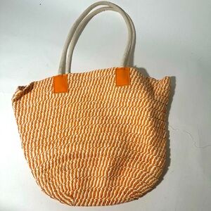 Orange and White Casual Tote Bag with Woven Texture